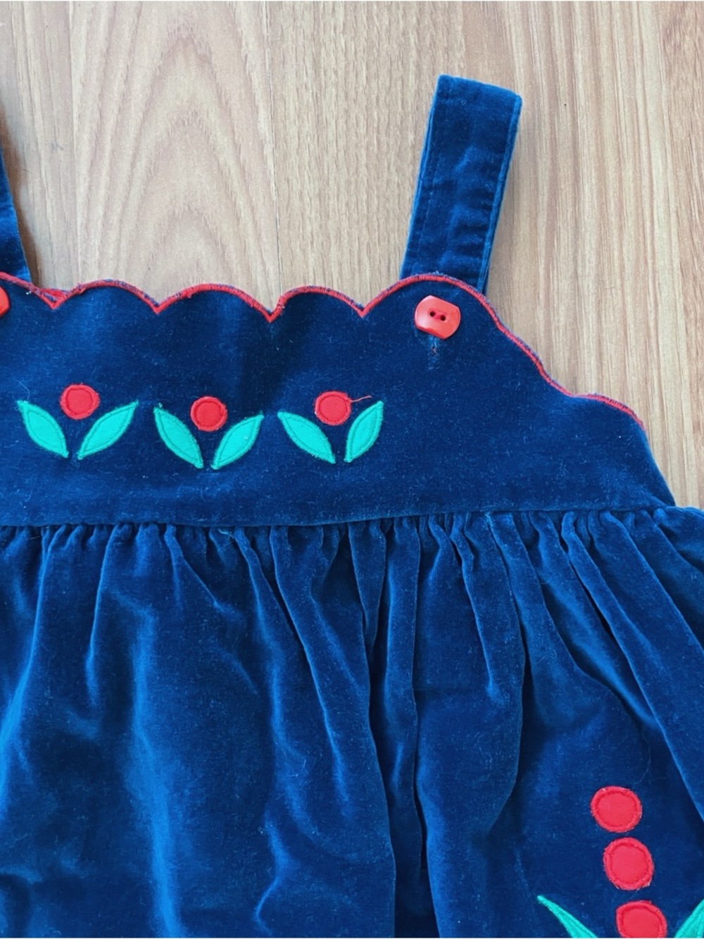 Vintage Velvet Navy Blue Floral Girl's Pinafore Dress Size 24 mos Coquette - Picture 2 of 5